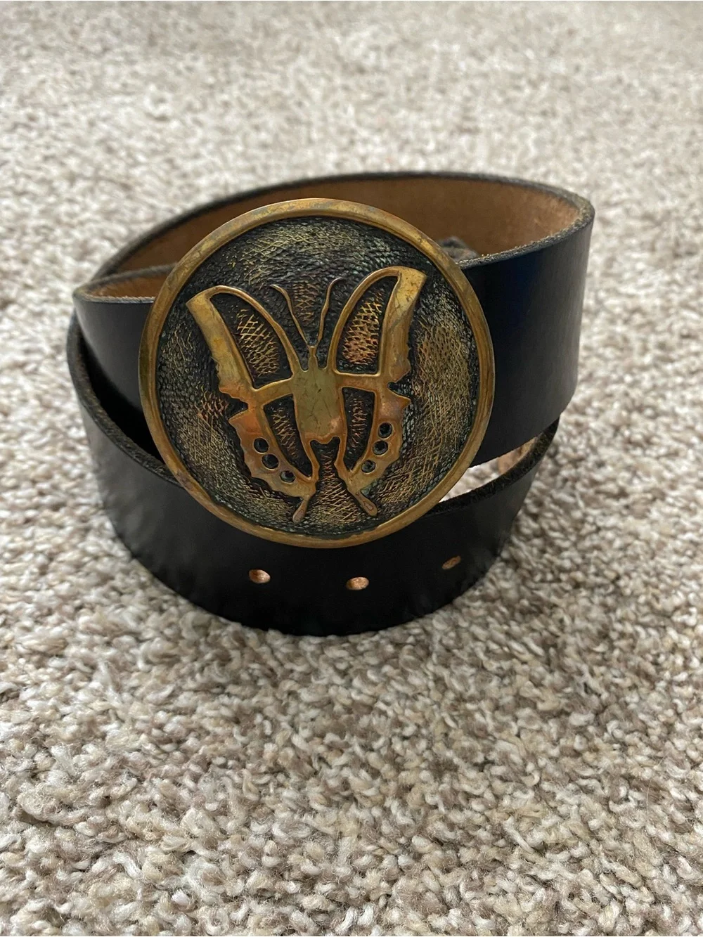 VTG Black Leather Belt With Brass Butterfly Buckle 3” EUC - Picture 1 of 6